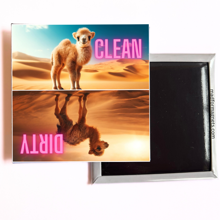 Charming camel-themed dishwasher magnet with clean and dirty illustrations set against a desert backdrop.