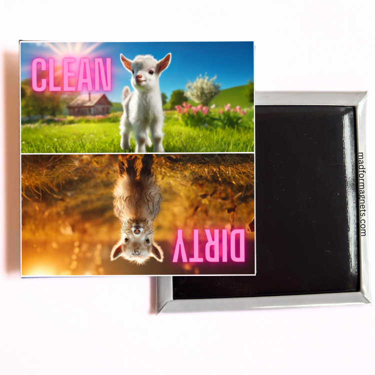 A 2.5x2.5-inch dishwasher magnet featuring a clean lamb in a sunny field on one side and a muddy, dirty lamb on the other.