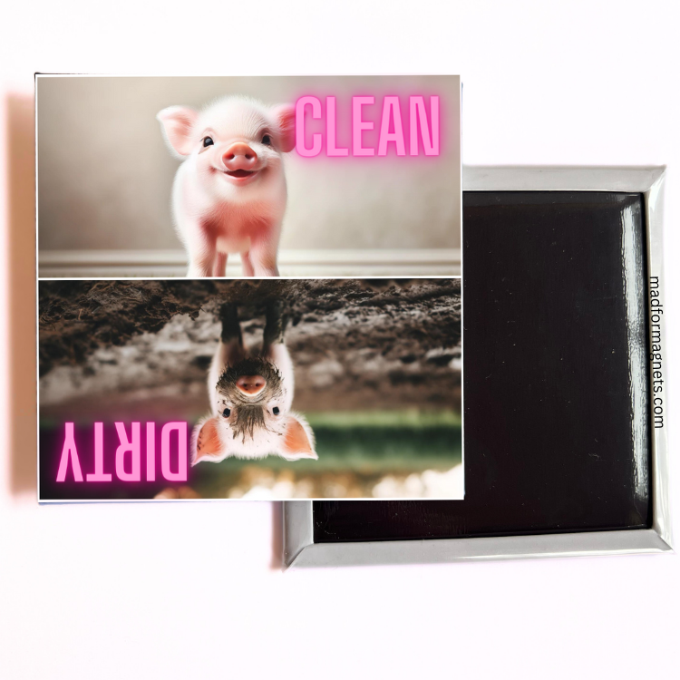 Dishwasher magnet with a clean and dirty piglet design, adding humor and functionality to your kitchen.