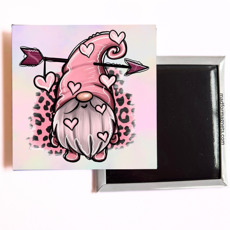 Cupid-inspired gnome magnet featuring heart motifs and leopard print.