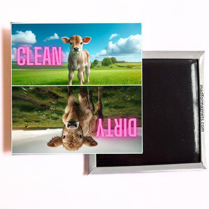 A 2.5x2.5-inch dishwasher magnet featuring a clean calf in a green pasture on one side and a muddy, dirty calf on the other.