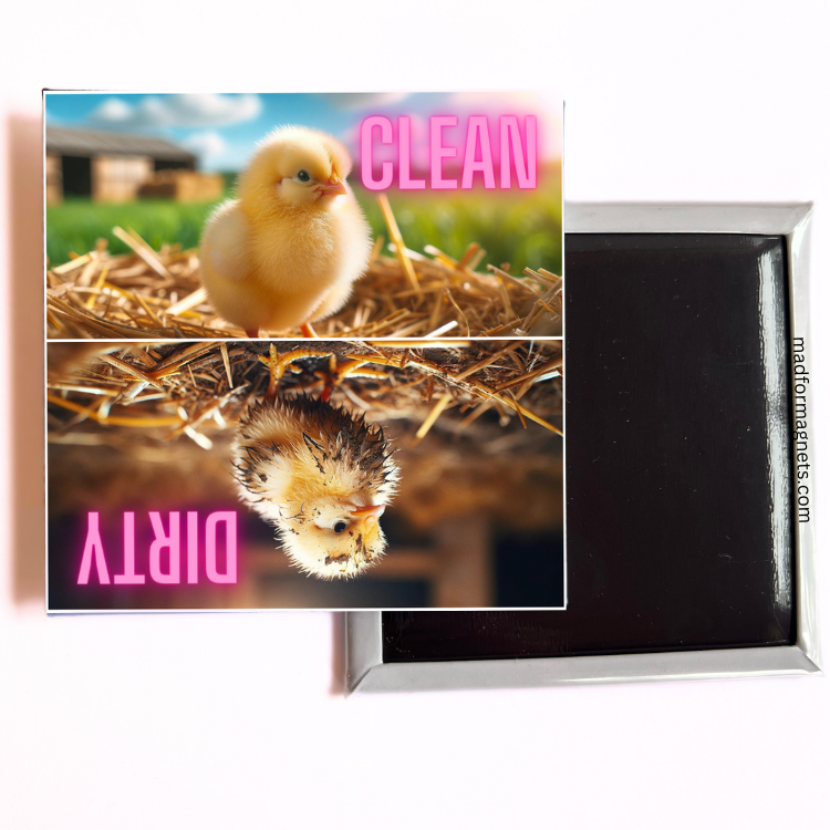 Dishwasher magnet with clean and dirty chick designs, adding charm and functionality to any rustic kitchen.