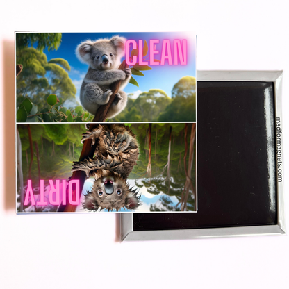 Dishwasher magnet with clean and dirty koala designs, perfect for adding charm and functionality to any kitchen.