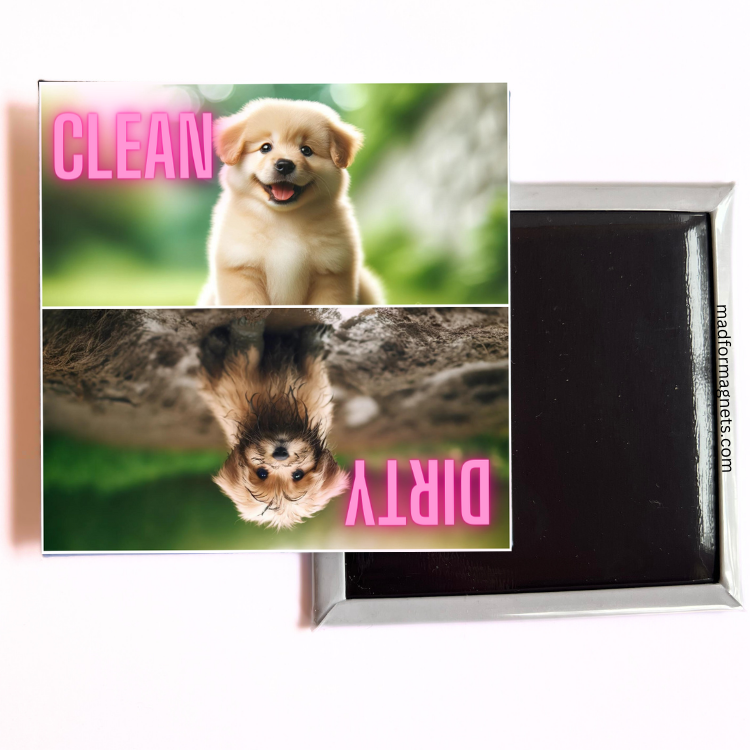 Dishwasher magnet with a clean and dirty puppy design, combining charm and functionality for your kitchen.