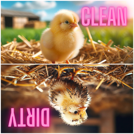 A 2.5x2.5-inch dishwasher magnet featuring a clean chick on fresh straw on one side and a messy, dirty chick on the other.