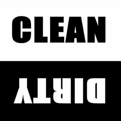 Minimalist clean and dirty magnet for dishwashers, featuring bold contrasting black and white text.