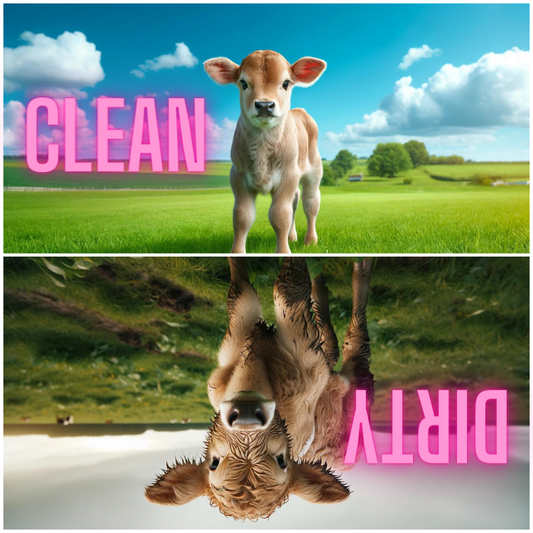 Rustic calf-themed dishwasher magnet with clean and dirty illustrations, perfect for farmhouse kitchen organization.