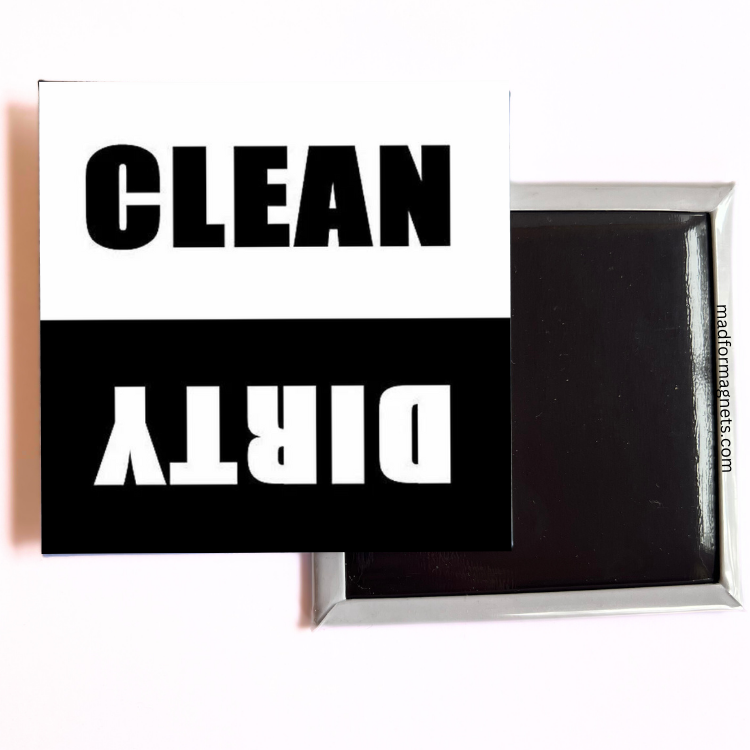 A 2.5x2.5-inch dishwasher magnet with bold black and white text showing 'Clean' on one side and 'Dirty' on the other.