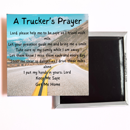 A heartfelt prayer for truckers over a highway landscape, emphasizing protection, guidance, and family care.