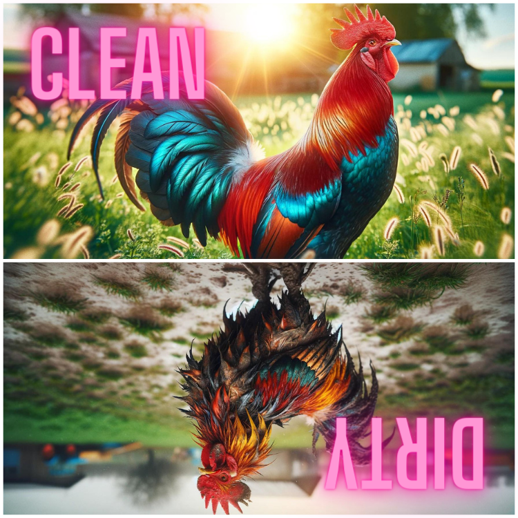 A 2.5x2.5-inch dishwasher magnet featuring a bright, clean rooster on one side and a muddy, dirty rooster on the other.